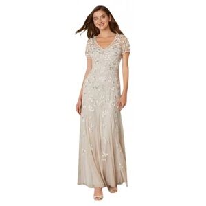 Adrianna Papell Champagne Beaded Maxi Dress